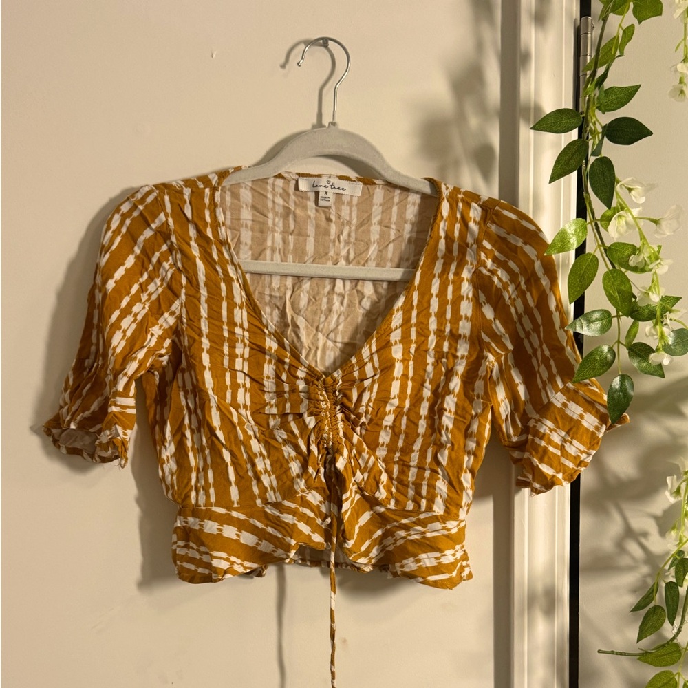 Yellow and white stripped baby doll summer top with ruffled sleeves and cropped